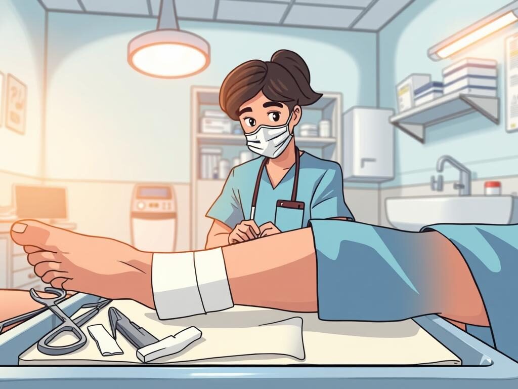 A clean, well-lit medical examination room. In the foreground, a patient's bandaged leg rests on a sterile tray, surrounded by various wound care tools - scissors, tweezers, gauze. In the middle ground, a nurse in scrubs carefully examines the wound, their face obscured by a mask. The background features shelves stocked with medical supplies, a sink, and a bright, overhead light casting a warm glow. The atmosphere is one of focused attention and meticulous care, conveying the importance of proper wound management.