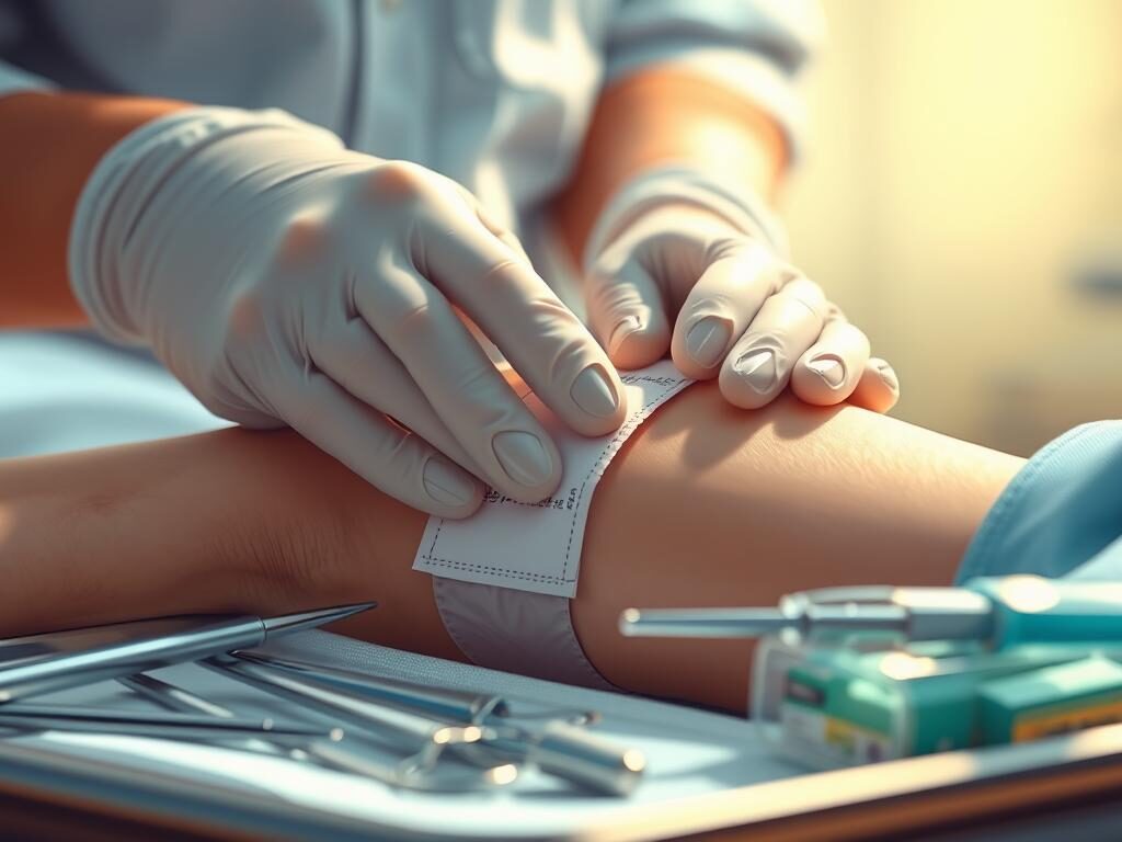 A close-up shot of a healthcare professional's gloved hands gently applying a sterile wound dressing to a patient's healing injury. The scene is bathed in warm, soft lighting, creating a calming and nurturing atmosphere. The background is blurred, allowing the viewer to focus on the intricate details of the wound care procedure. Surgical instruments and medical supplies are neatly arranged on a tray beside the patient, conveying a sense of professionalism and attention to detail. The overall composition emphasizes the importance of proper wound management and the care and expertise required to facilitate the healing process. A close-up shot of a healthcare professional's gloved hands gently applying a sterile wound dressing to a patient's healing injury. The scene is bathed in warm, soft lighting, creating a calming and nurturing atmosphere. The background is blurred, allowing the viewer to focus on the intricate details of the wound care procedure. Surgical instruments and medical supplies are neatly arranged on a tray beside the patient, conveying a sense of professionalism and attention to detail. The overall composition emphasizes the importance of proper wound management and the care and expertise required to facilitate the healing process.