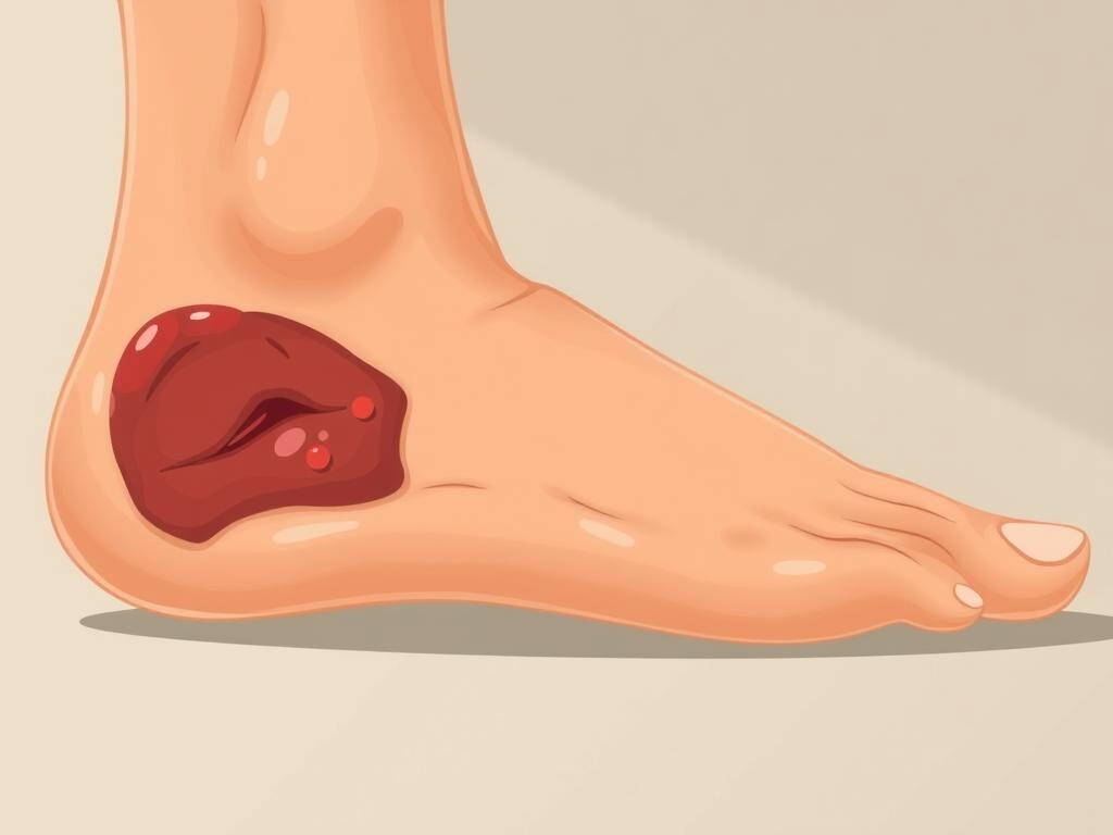 A close-up view of a diabetic foot ulcer with signs of infection, such as redness, swelling, and pus. The wound is situated against a neutral, muted background that emphasizes the medical nature of the scene. Soft, directional lighting illuminates the affected area, showcasing the details of the wound and the surrounding skin. The composition places the wound in the center, allowing the viewer to focus on the key elements needed to understand the treatment process. The overall tone is clinical and informative, suitable for an educational article on diabetic wound infection treatment.