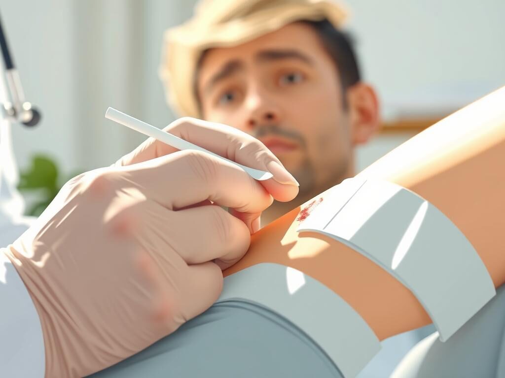 A close-up view of a medical professional's hands carefully tending to a diabetic patient's wound. The scene is bathed in soft, natural lighting that accentuates the delicate, yet precise movements. The foreground focuses on the skilled hands applying ointment and gently wrapping the affected area in sterile bandages. The middle ground reveals the patient's concerned expression as they trust the caregiver's expertise. The background is blurred, creating a sense of intimacy and focus on the critical task at hand. The overall mood conveys a sense of care, professionalism, and the importance of seeking proper medical attention for diabetic wound management. A close-up view of a medical professional's hands carefully tending to a diabetic patient's wound. The scene is bathed in soft, natural lighting that accentuates the delicate, yet precise movements. The foreground focuses on the skilled hands applying ointment and gently wrapping the affected area in sterile bandages. The middle ground reveals the patient's concerned expression as they trust the caregiver's expertise. The background is blurred, creating a sense of intimacy and focus on the critical task at hand. The overall mood conveys a sense of care, professionalism, and the importance of seeking proper medical attention for diabetic wound management.