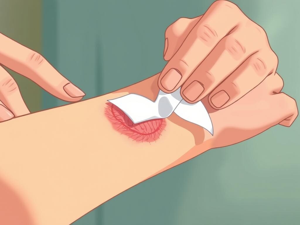 A close-up view of a person's hand gently peeling off a medical dressing from a healing wound on their forearm. The skin around the wound appears slightly reddened and sensitive. Soft, natural lighting illuminates the scene, creating a sense of care and attention. The background is blurred, keeping the focus on the delicate process of dressing removal. The image conveys the importance of this step in wound care, with a sense of tenderness and professionalism.