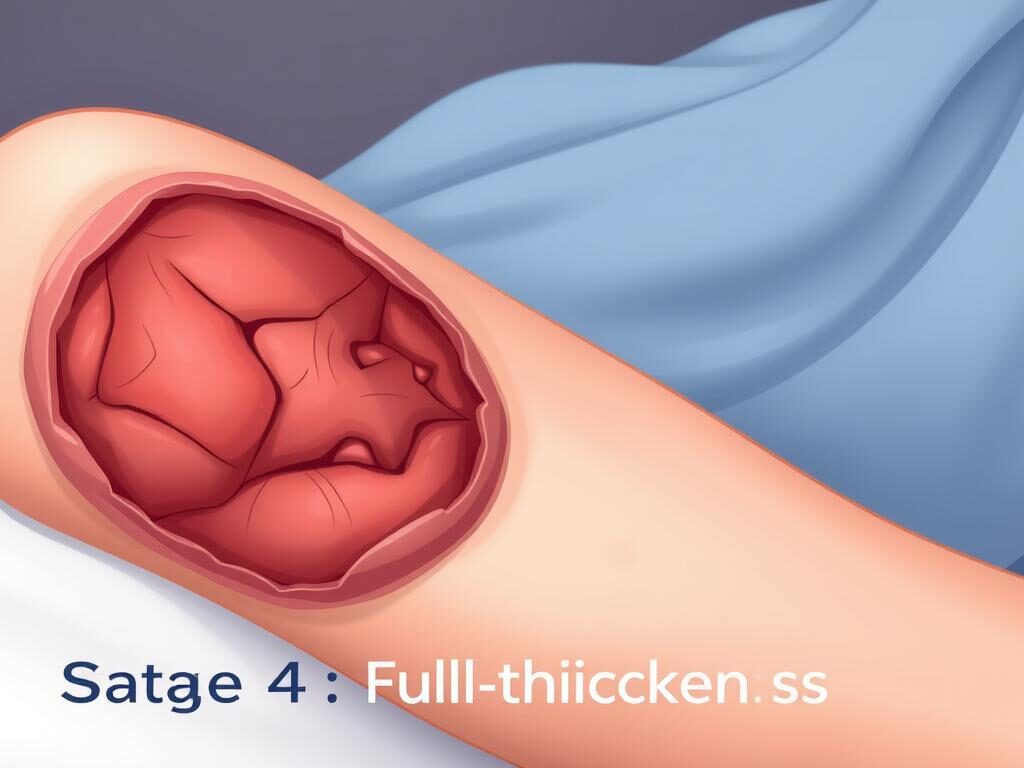 A high-resolution, detailed medical illustration depicting a stage 4 pressure ulcer. The ulcer is shown in the foreground, with the surrounding skin and tissue clearly visible. The composition highlights the full-thickness tissue loss, revealing the damaged underlying muscle and bone structures. The lighting is soft and diffuse, creating a clinical and objective atmosphere. The angle is slightly angled to provide a clear view of the affected area. The image conveys the severity and complexity of a stage 4 pressure ulcer, aligning with the section title "Stage 4: Full Thickness Tissue Loss". A high-resolution, detailed medical illustration depicting a stage 4 pressure ulcer. The ulcer is shown in the foreground, with the surrounding skin and tissue clearly visible. The composition highlights the full-thickness tissue loss, revealing the damaged underlying muscle and bone structures. The lighting is soft and diffuse, creating a clinical and objective atmosphere. The angle is slightly angled to provide a clear view of the affected area. The image conveys the severity and complexity of a stage 4 pressure ulcer, aligning with the section title "Stage 4: Full Thickness Tissue Loss".