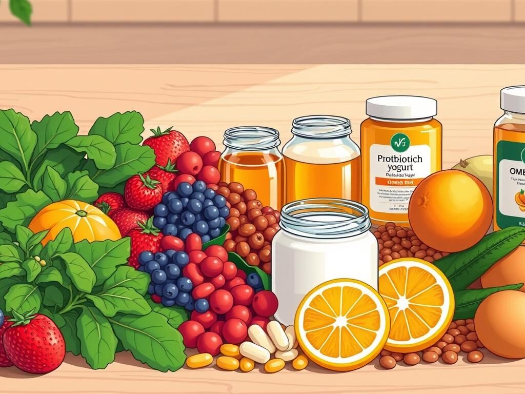 A nourishing, vibrant still life composition depicting the key ingredients for a diet that supports wound healing. In the foreground, an assortment of fresh, colorful fruits and vegetables - leafy greens, bright berries, orange citrus, and protein-rich legumes. In the middle ground, glass jars filled with golden honey, probiotic-rich yogurt, and omega-3 rich fish oil capsules. In the background, a neutral-toned wooden table, soft natural lighting, and a sense of balance and wholeness. The overall mood is one of health, vitality, and the power of nutrient-dense foods to nourish the body and aid the wound healing process. A nourishing, vibrant still life composition depicting the key ingredients for a diet that supports wound healing. In the foreground, an assortment of fresh, colorful fruits and vegetables - leafy greens, bright berries, orange citrus, and protein-rich legumes. In the middle ground, glass jars filled with golden honey, probiotic-rich yogurt, and omega-3 rich fish oil capsules. In the background, a neutral-toned wooden table, soft natural lighting, and a sense of balance and wholeness. The overall mood is one of health, vitality, and the power of nutrient-dense foods to nourish the body and aid the wound healing process.