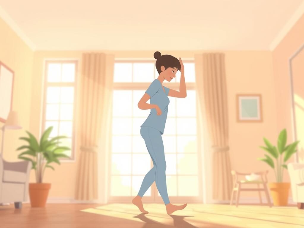 A person engaged in light physical activity, such as gentle stretching or walking, in a bright, airy home environment. The figure is positioned in the foreground, with sunlight streaming through large windows in the middle ground, and warm, soothing colors in the background. The subject's movements are fluid and graceful, conveying a sense of healing and progress in the recovery process. The lighting is soft and natural, creating a calming, therapeutic atmosphere. The scene evokes a sense of tranquility and the gradual restoration of physical well-being after a surgical procedure.
