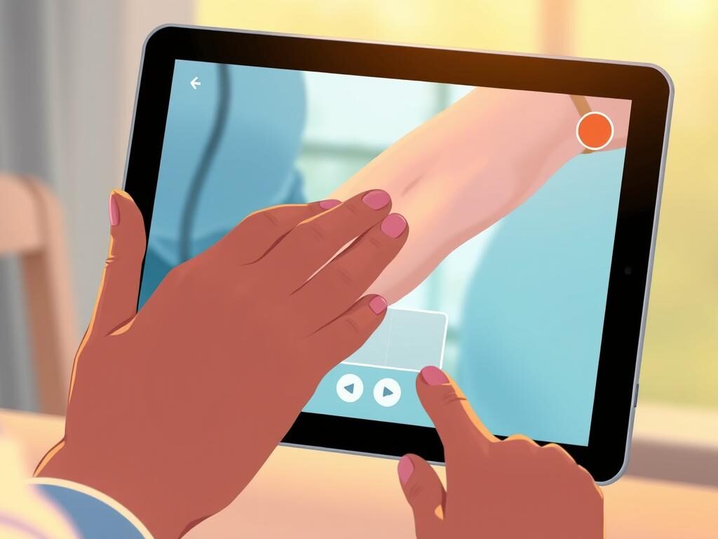 A telehealth consultation for remote wound care. A close-up view of a nurse's hands examining a patient's healing wound on a tablet screen, bathed in warm, soft lighting. The foreground shows the delicate, skilled touch of the nurse, conveying care and attention. The middle ground displays the clear, high-quality video feed, with the patient's arm and bandaged wound visible. The background fades into a blurred, calming scene, suggesting the comfort and convenience of remote monitoring. The overall mood is one of reassurance, empowerment, and the seamless integration of technology into the healing process. A telehealth consultation for remote wound care. A close-up view of a nurse's hands examining a patient's healing wound on a tablet screen, bathed in warm, soft lighting. The foreground shows the delicate, skilled touch of the nurse, conveying care and attention. The middle ground displays the clear, high-quality video feed, with the patient's arm and bandaged wound visible. The background fades into a blurred, calming scene, suggesting the comfort and convenience of remote monitoring. The overall mood is one of reassurance, empowerment, and the seamless integration of technology into the healing process.