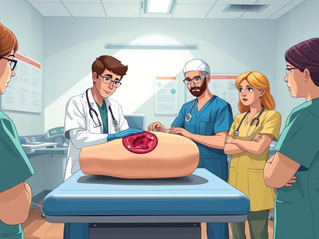 A well-lit, airy classroom setting with a healthcare professional demonstrating proper wound care techniques on a realistic anatomical model. The model is positioned on a high-quality examination table, allowing for close-up observation. The instructor, dressed in medical scrubs, is guiding a group of attentive caregivers through the step-by-step process, their faces engaged and focused. Soft, directional lighting casts subtle shadows, emphasizing the intricate details of the wound and the instructor's careful movements. The background features educational posters and medical equipment, conveying a sense of professionalism and expertise.