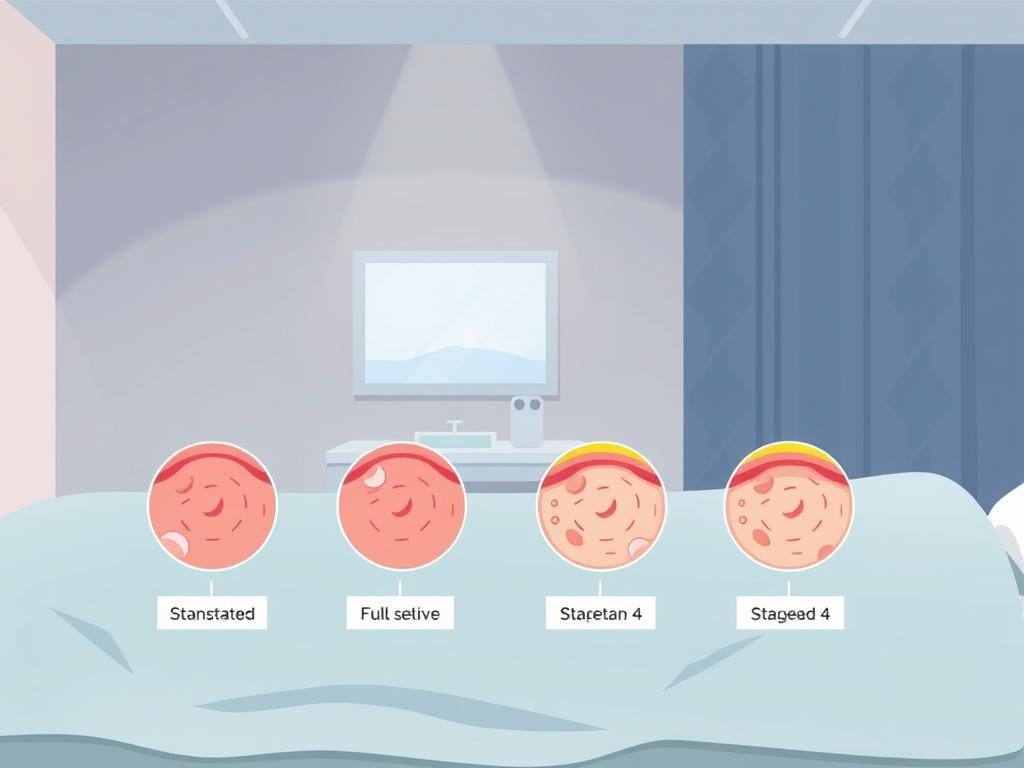 A well-lit, high-resolution medical illustration depicting the four stages of pressure sore development, from stage 1 (non-blanchable redness) to stage 4 (full-thickness tissue loss). The illustration should use a clean, clinical style with labeled diagrams showcasing the progressive tissue damage. The background should be a neutral medical environment, such as a hospital room or doctor's office. The overall tone should be informative and educational, suitable for inclusion in a home treatment guide for pressure injuries.