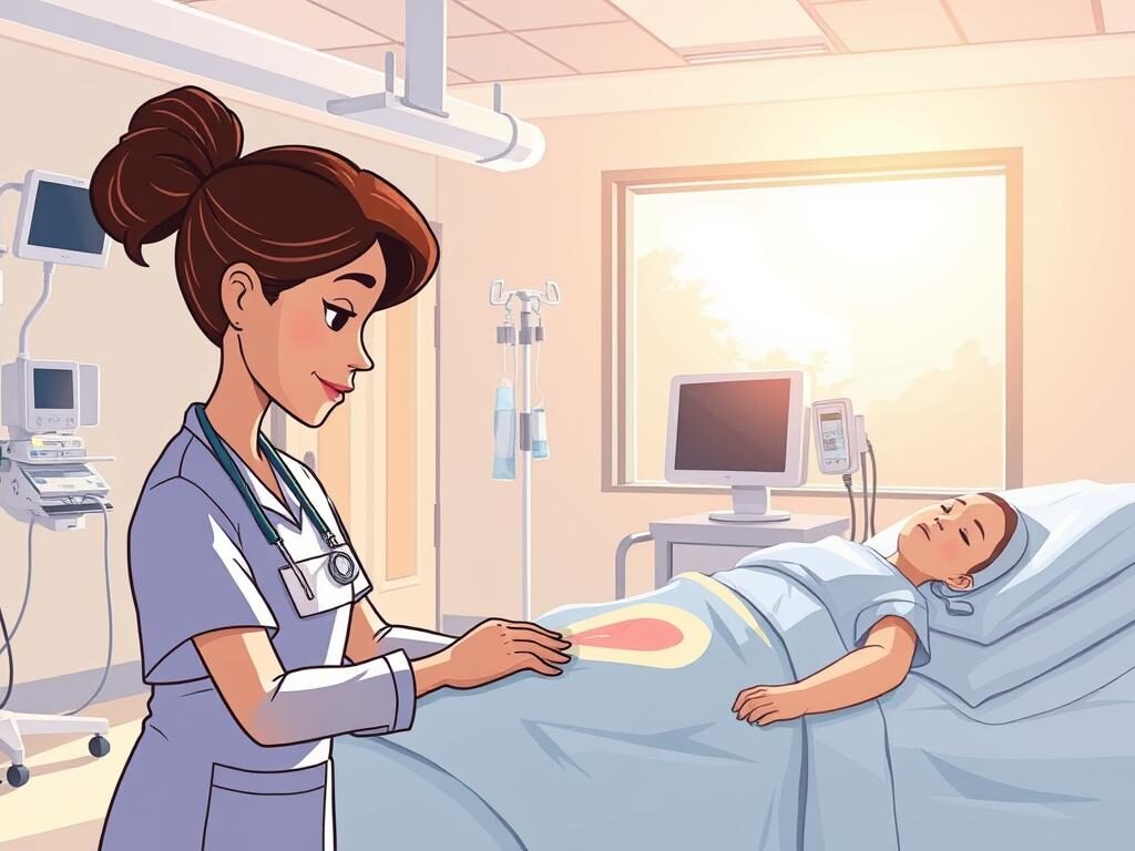 A well-lit hospital room with a patient undergoing advanced wound therapy. In the foreground, a nurse carefully dresses the patient's wound, using specialized equipment and techniques. The middle ground shows various medical devices and tools, including a wound vacuum, IV stands, and monitoring equipment. In the background, a large window allows natural light to flood the room, creating a calming and professional atmosphere. The overall scene conveys a sense of compassionate, high-quality patient care in the context of advanced wound management.