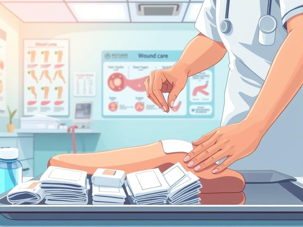 A well-lit medical clinic setting with a clean, sterile atmosphere. In the foreground, an array of bandages, gauze, and antiseptic supplies neatly arranged on a tray. In the middle ground, a healthcare professional's hands gently applying a dressing to a patient's leg, showcasing proper wound care techniques. The background depicts informative posters and diagrams illustrating the stages of wound healing and preventive measures. Subtle lighting casts a warm, reassuring glow, conveying a sense of professionalism and care. The overall scene promotes the importance of proactive wound management for optimal healing. A well-lit medical clinic setting with a clean, sterile atmosphere. In the foreground, an array of bandages, gauze, and antiseptic supplies neatly arranged on a tray. In the middle ground, a healthcare professional's hands gently applying a dressing to a patient's leg, showcasing proper wound care techniques. The background depicts informative posters and diagrams illustrating the stages of wound healing and preventive measures. Subtle lighting casts a warm, reassuring glow, conveying a sense of professionalism and care. The overall scene promotes the importance of proactive wound management for optimal healing.