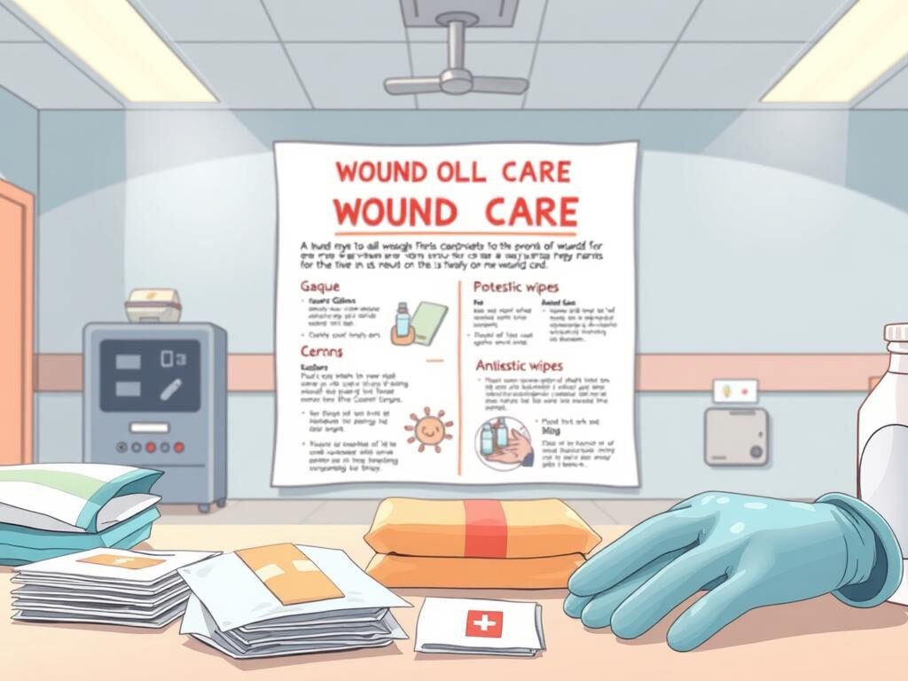A brightly lit, clean medical room with a crisp, sterile atmosphere. In the foreground, a series of medical supplies neatly arranged, including bandages, gauze, antiseptic wipes, and a pair of latex gloves. In the middle ground, a large, illustrated poster highlighting common wound care myths, with clear, concise text debunking misconceptions. The background features a neutral, calming color palette, perhaps a soft blue or grey, to create a sense of professionalism and reassurance. The lighting is warm and even, casting a gentle glow over the scene, emphasizing the importance of proper wound care techniques. A brightly lit, clean medical room with a crisp, sterile atmosphere. In the foreground, a series of medical supplies neatly arranged, including bandages, gauze, antiseptic wipes, and a pair of latex gloves. In the middle ground, a large, illustrated poster highlighting common wound care myths, with clear, concise text debunking misconceptions. The background features a neutral, calming color palette, perhaps a soft blue or grey, to create a sense of professionalism and reassurance. The lighting is warm and even, casting a gentle glow over the scene, emphasizing the importance of proper wound care techniques.