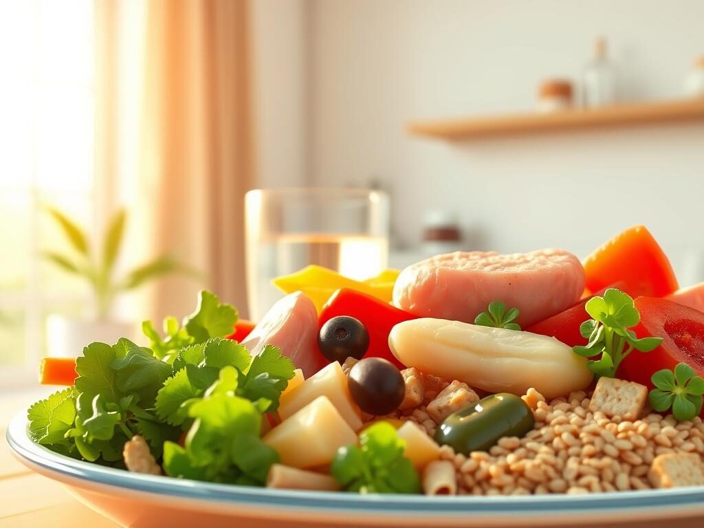A close-up view of a balanced plate showcasing the key nutritional elements that support wound healing, bathed in warm, natural lighting. In the foreground, an assortment of colorful vegetables, lean proteins, and whole grains are artfully arranged. The middle ground features a glass of water and a supplement bottle, subtly indicating the holistic approach to nutrition for optimal wound recovery. The background depicts a soothing, minimalist interior, emphasizing the importance of a calm, nurturing environment during the healing process. The overall composition conveys a sense of wholeness, nourishment, and the synergistic relationship between diet and the body's natural ability to heal.