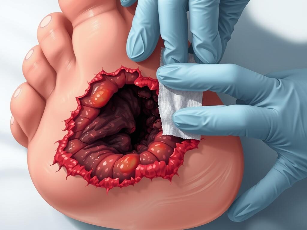 A close-up view of a human foot, the skin marred by a deep, angry-looking wound. The edges of the ulcer are ragged, the surrounding tissue inflamed and discolored. A healthcare professional's gloved hands gently clean the area, applying a specialized dressing. Soft, diffused lighting illuminates the scene, casting subtle shadows that accentuate the textural details. The overall mood is one of care and medical attention, conveying the seriousness of the condition and the need for proper treatment.