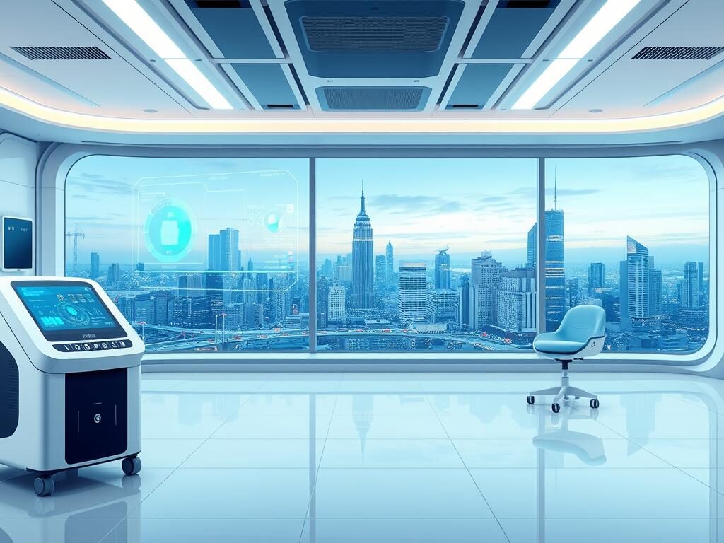 A futuristic medical laboratory with advanced NPWT equipment. The foreground features a sleek, next-generation NPWT device with touch-screen controls, wireless connectivity, and intuitive user interface. In the middle ground, holographic displays showcase real-time patient data and treatment progress. The background is a clean, minimalist space with clinical lighting, high-tech diagnostic tools, and a panoramic window offering a view of a bustling city skyline. The overall atmosphere exudes a sense of innovation, efficiency, and the promise of improved wound care outcomes.