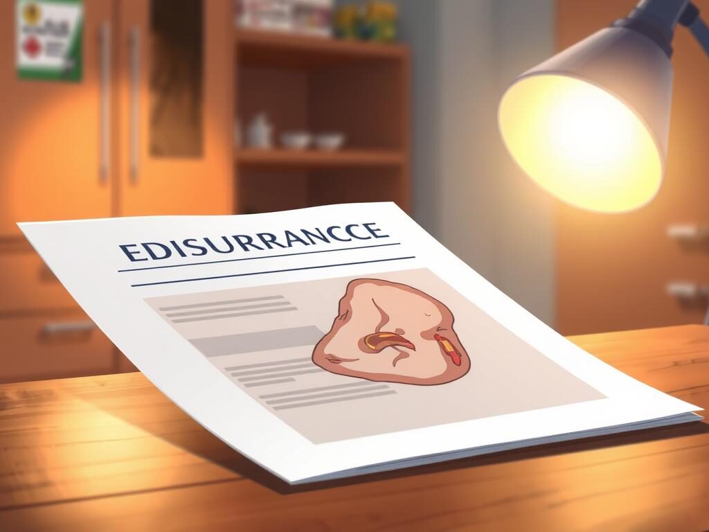 A medical insurance policy document resting on a wooden desk, illuminated by a warm, focused light. The document's cover features a detailed illustration of a human wound, conveying the essential nature of the coverage. In the background, a blurred medical supply cabinet hints at the broader context of healthcare. The composition emphasizes the importance of financial protection for wound treatment, creating a sense of security and care for the patient.