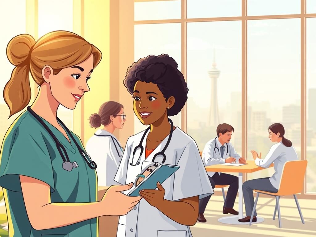 A modern home healthcare office in San Antonio, bathed in warm, natural lighting that streams through large windows. The foreground features a healthcare worker, dressed in scrubs, using a tablet to communicate with a patient on the screen, their expressions conveying empathy and care. In the middle ground, a team of healthcare providers collaborates around a table, discussing patient notes and treatment plans. The background showcases the cityscape of San Antonio, with the iconic Tower of the Americas visible in the distance, a testament to the city's vibrant healthcare community. The overall atmosphere is one of efficiency, professionalism, and a patient-centric approach to home healthcare.