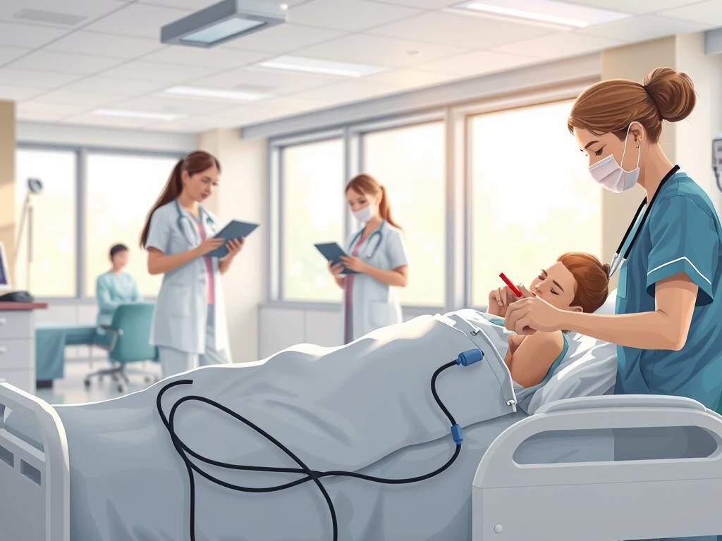 A modern hospital room with a bedridden patient receiving attentive mobile wound care. In the foreground, a nurse carefully dresses the patient's wounds using specialized medical equipment. The middle ground shows additional nurses consulting tablets and supplies, creating a sense of efficient medical care. The background features large windows allowing natural light to flood the room, conveying a calm and soothing atmosphere. The lighting is soft and diffused, emphasizing the medical professionals' gentle movements. The overall scene radiates professionalism, comfort, and the benefits of mobile wound care for immobile patients.