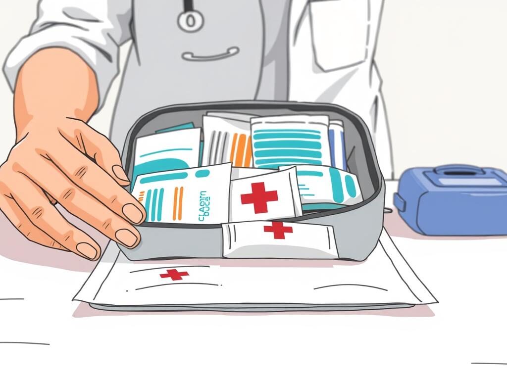 A well-lit, close-up image of a person's hands carefully unpacking a basic first-aid kit on a clean, white table. The kit contains bandages, gauze, antiseptic wipes, and other essential supplies for wound care. The foreground shows the hands gently arranging the items, with a serene, focused expression. The middle ground is slightly blurred, emphasizing the attention to detail. The background is a soft, neutral tone, creating a calming, clinical atmosphere suitable for a medical setting. The overall mood conveys a sense of preparedness, cleanliness, and care. A well-lit, close-up image of a person's hands carefully unpacking a basic first-aid kit on a clean, white table. The kit contains bandages, gauze, antiseptic wipes, and other essential supplies for wound care. The foreground shows the hands gently arranging the items, with a serene, focused expression. The middle ground is slightly blurred, emphasizing the attention to detail. The background is a soft, neutral tone, creating a calming, clinical atmosphere suitable for a medical setting. The overall mood conveys a sense of preparedness, cleanliness, and care.