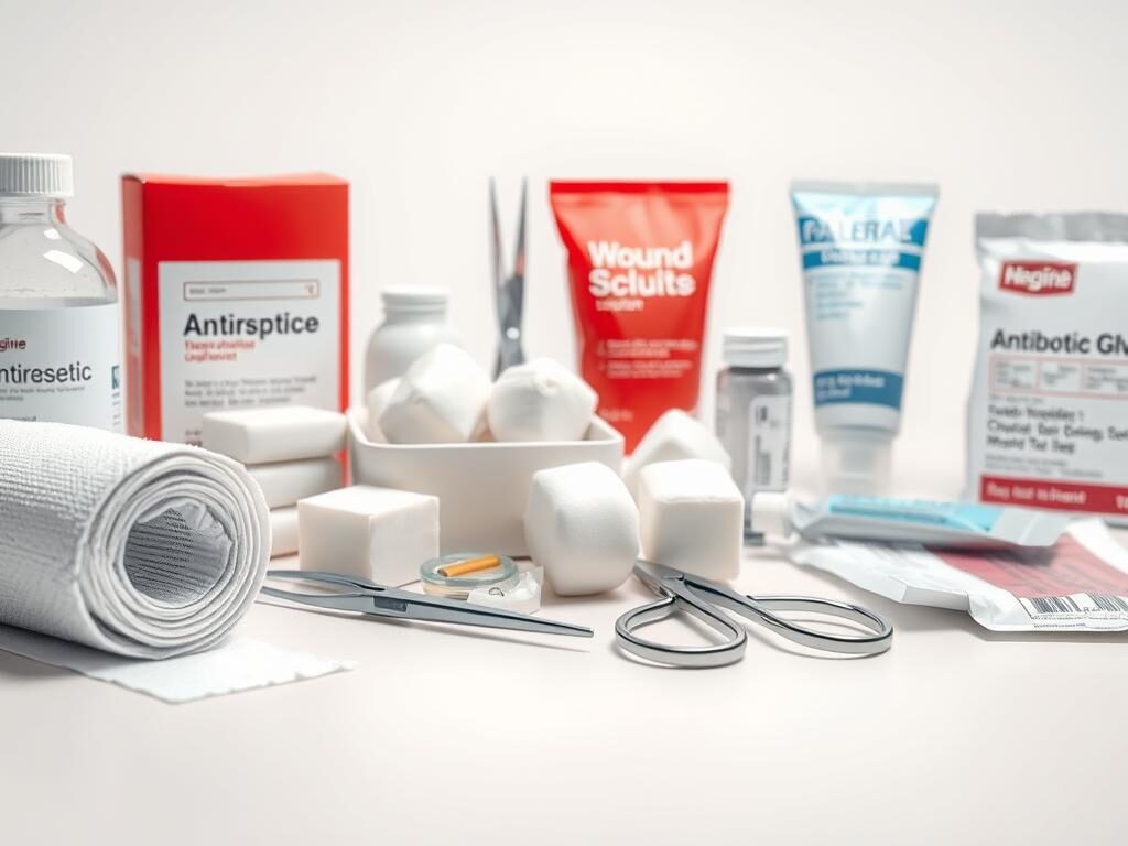 A well-lit, close-up photograph of an assortment of essential wound care supplies arranged neatly on a clean, neutral-colored surface. In the foreground, a roll of gauze, a box of bandages, and a bottle of antiseptic solution. In the middle ground, a pair of medical scissors, tweezers, and cotton balls. In the background, a tube of antibiotic ointment and a packet of sterile gloves. The lighting is soft and diffused, creating a sense of clinical cleanliness and professionalism. The camera angle is slightly elevated, giving a comprehensive view of the items while maintaining a sense of order and organization, reflecting the importance of proper wound care.