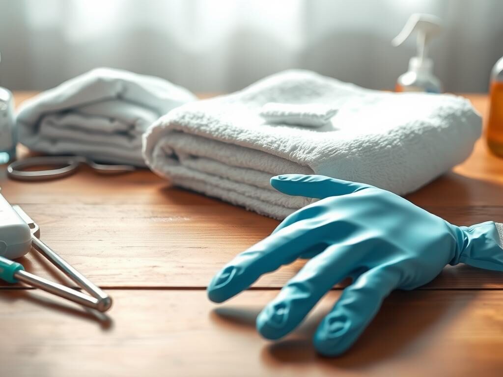 A well-lit, high-resolution close-up image of a wooden table with a clean white towel, medical gloves, antiseptic wipes, gauze pads, and other necessary wound care supplies neatly arranged. The lighting is soft and diffused, creating a calming, clinical atmosphere. The focus is on the foreground elements, with the background blurred to emphasize the tools. The image conveys a sense of order, preparedness, and attention to detail, reflecting the importance of creating a safe, hygienic environment for post-surgical wound care.