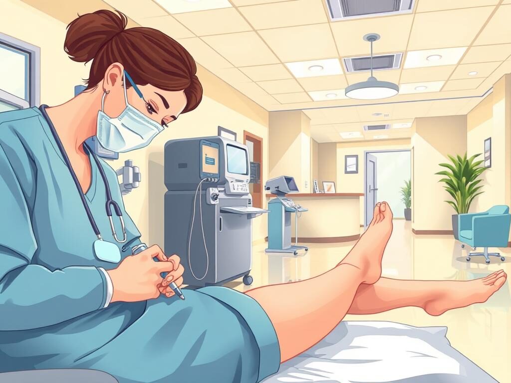A well-lit, high-resolution photograph of a professional medical clinic interior, featuring a patient undergoing a wound care procedure. The foreground shows a nurse tending to a leg wound, using modern medical equipment and supplies. The middle ground showcases a clean, sterile examination room with state-of-the-art technology and medical furnishings. The background depicts the clinic's welcoming reception area, with a warm, inviting atmosphere. The overall scene conveys a sense of expertise, care, and patient-focused attention to detail in San Antonio's Dominion Mobile Wound Care services.