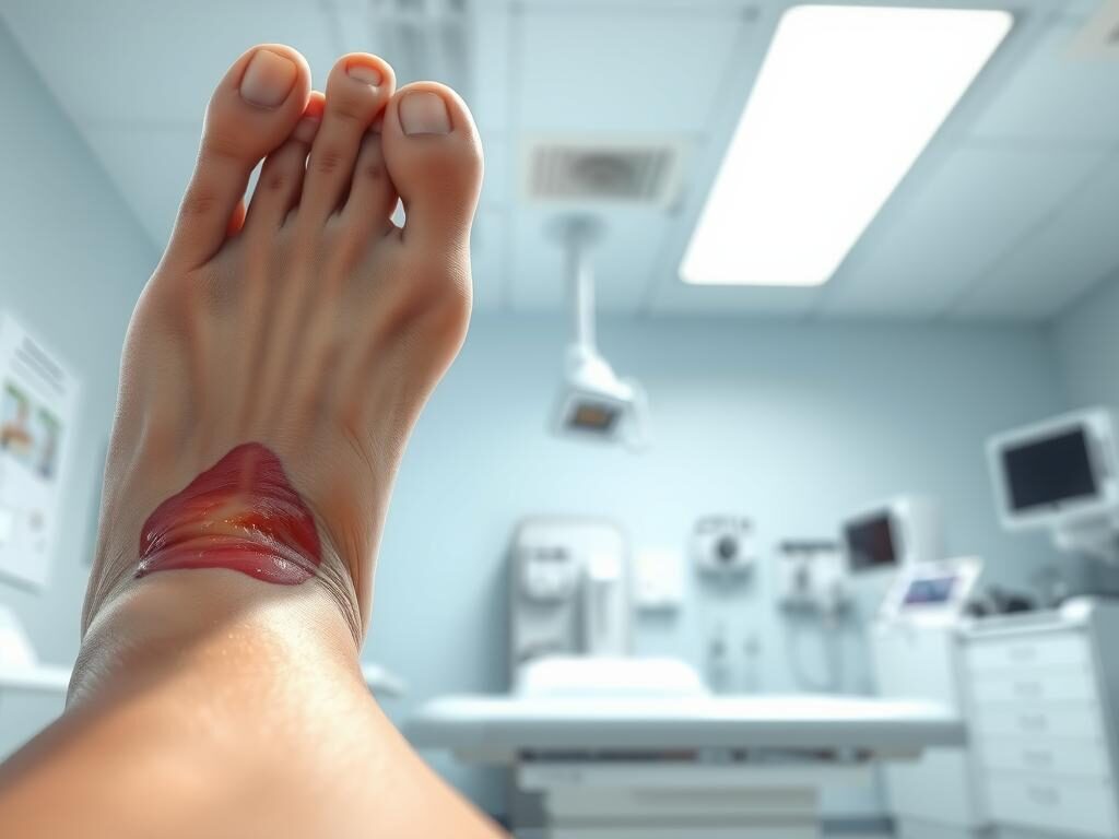 A well-lit medical examination room, featuring a close-up view of a patient's foot. The foot is elevated, revealing a non-healing ulcer on the sole, with visible signs of inflammation and discoloration. The surroundings are clean and sterile, with a medical examination table and various diagnostic equipment in the background. The lighting is bright and even, creating a clinical atmosphere. The angle of the shot emphasizes the focus on the ulcer, with a shallow depth of field to draw the viewer's attention. The overall mood is one of professional medical care and close observation, capturing the essence of monitoring and follow-up treatment for a non-healing foot ulcer.