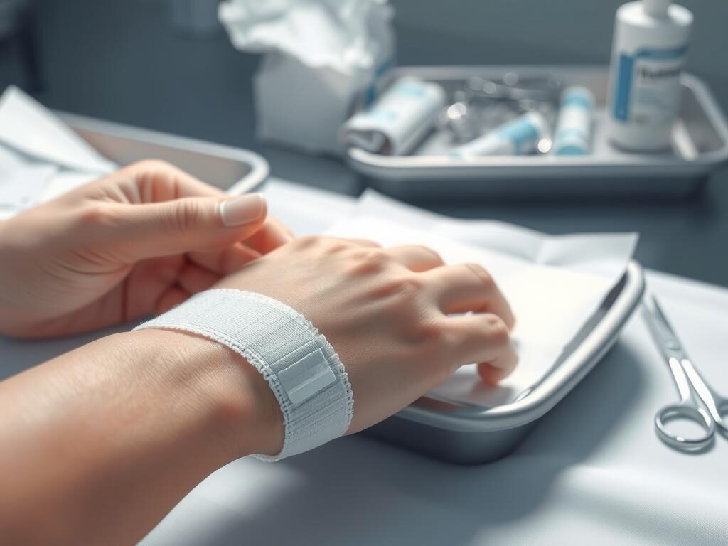 a high-resolution, detailed image of a person's hand gently cleaning and dressing a post-surgical wound, with a clean white bandage in the foreground, and a tray of sterile medical supplies like gauze, antiseptic wipes, and scissors visible in the middle ground. the lighting is soft and diffused, creating a calm, clinical atmosphere. the scene is photographed from a close, intimate angle, with the hand and wound filling the frame, to emphasize the importance of proper wound hygiene techniques. the overall mood is one of care, attention, and medical professionalism.